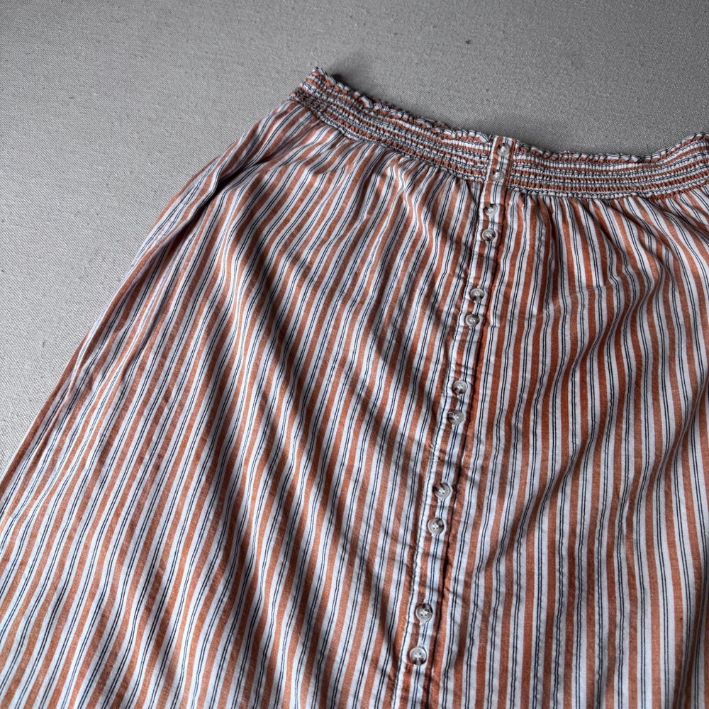 Hem & Thread Striped Button Front Smocked Waist Midi Skirt Orange White Large